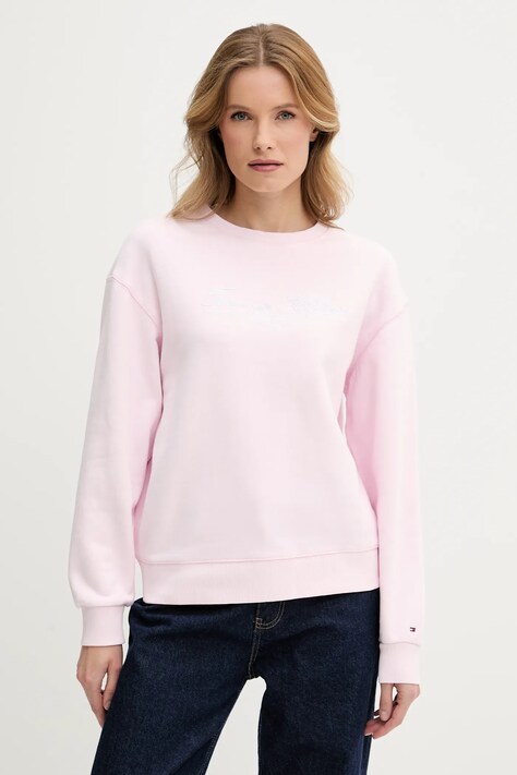 Bavlněná mikina Tommy Hilfiger dámská, růžová barva, s aplikací, WW0WW45430