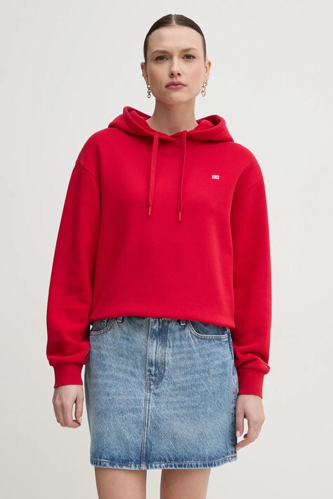 Βαμβακερή μπλούζα Tommy Hilfiger γυναικεία, χρώμα: κόκκινο, με κουκούλα, WW0WW45979