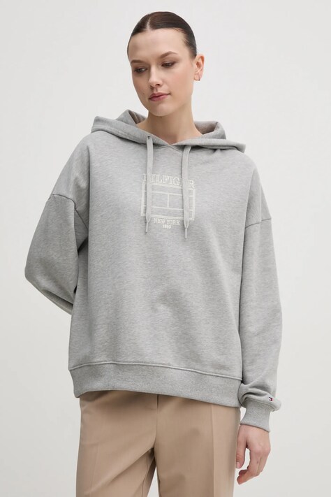 Mikina Tommy Hilfiger dámská, šedá barva, s kapucí, s potiskem, WW0WW45523