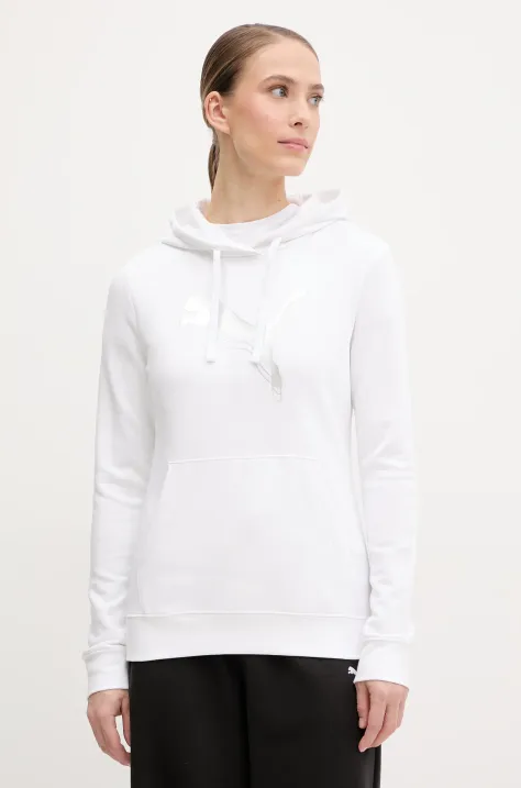 Puma bluza damska kolor biały z kapturem z nadrukiem 684997