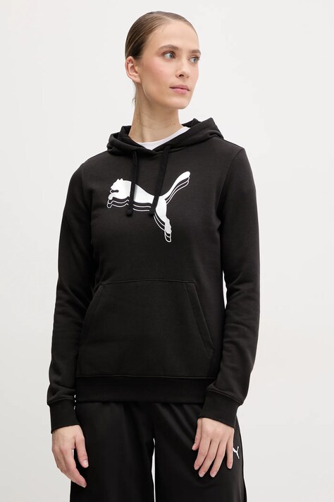 Puma bluza femei, culoarea negru, cu glugă, cu imprimeu, 684997