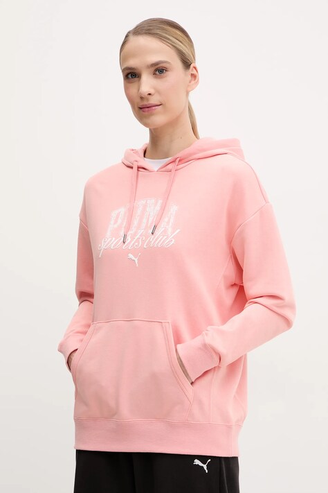 Puma bluza femei, culoarea roz, cu glugă, cu imprimeu, 685034