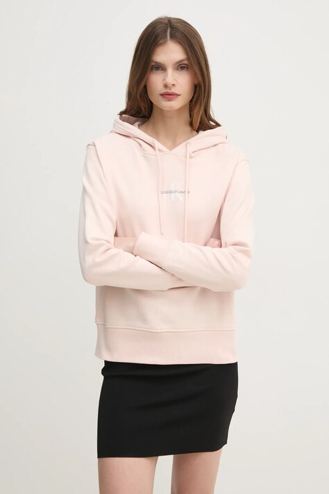 Mikina Calvin Klein Jeans dámska, ružová farba, s kapucňou, jednofarebná, J20J225358