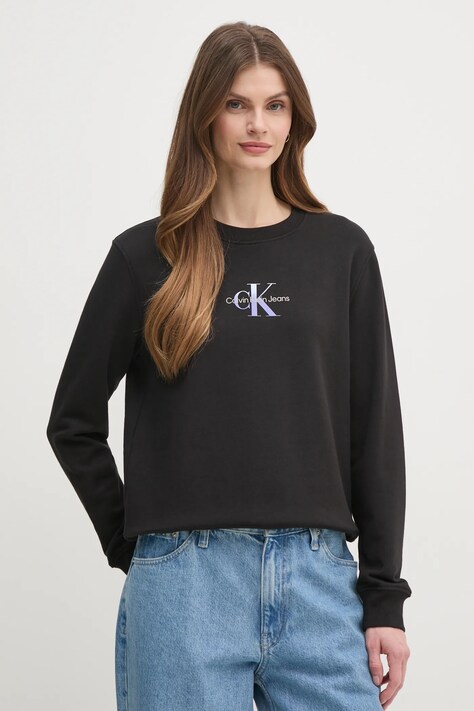 Calvin Klein Jeans hanorac de bumbac femei, culoarea negru, cu imprimeu, J20J225360