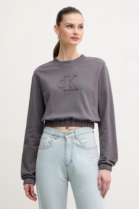 Calvin Klein Jeans hanorac de bumbac femei, culoarea gri, cu imprimeu, J20J225363