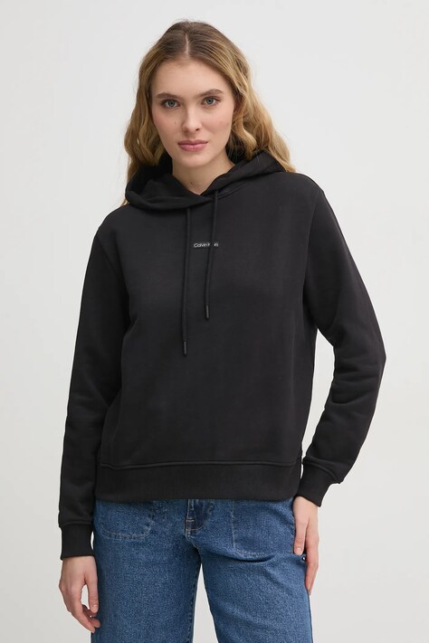 Calvin Klein Jeans bluza bawełniana damska kolor czarny z kapturem z aplikacją J20J225364