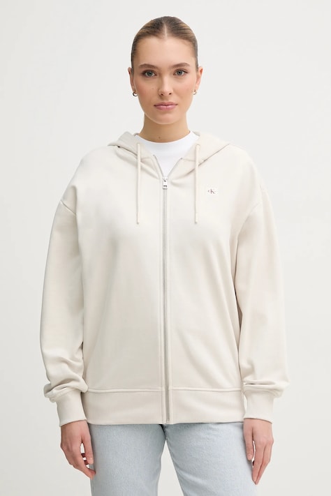 Bombažen pulover Calvin Klein Jeans ženska, bež barva, s kapuco, J20J225367