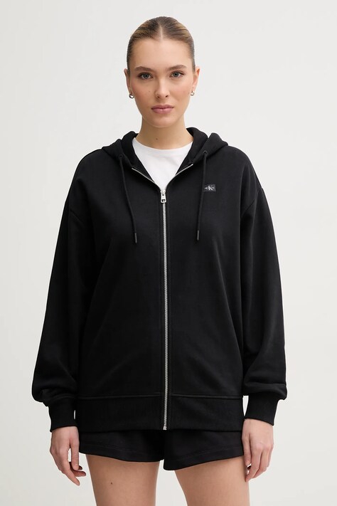 Bombažen pulover Calvin Klein Jeans ženska, črna barva, s kapuco, J20J225367