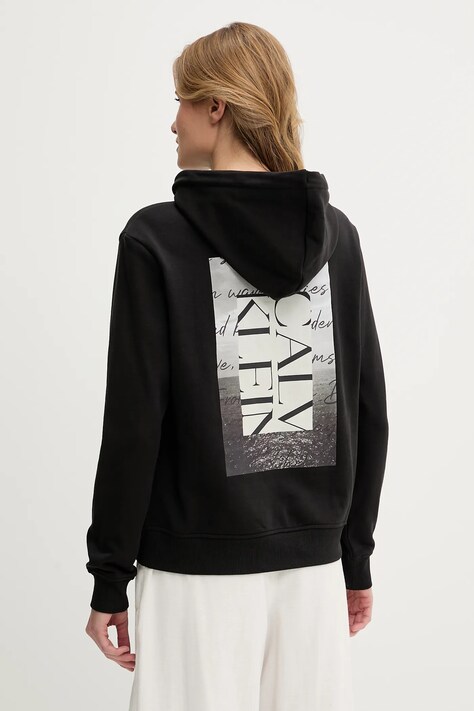 Bavlněná mikina Calvin Klein Jeans dámská, černá barva, s kapucí, s aplikací, J20J225368