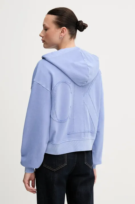 Pamučna dukserica Calvin Klein Jeans za žene, boja: ljubičasta, s kapuljačom, s aplikacijom, J20J225523