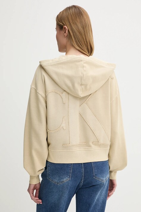 Bavlněná mikina Calvin Klein Jeans dámská, béžová barva, s kapucí, s aplikací, J20J225523