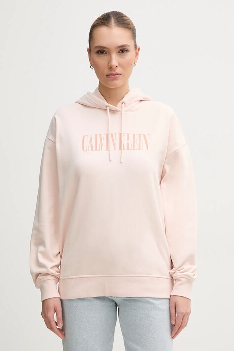Calvin Klein Jeans hanorac de bumbac femei, culoarea roz, cu glugă, cu imprimeu, J20J225579
