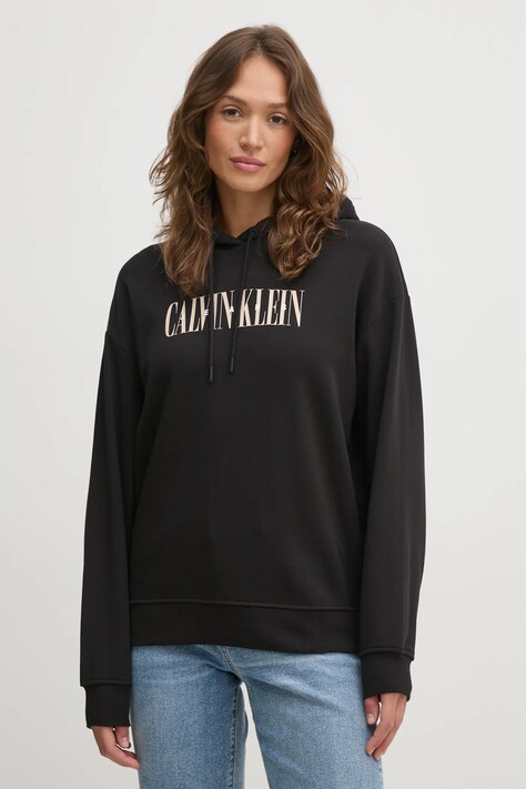 Calvin Klein Jeans bluza bawełniana damska kolor czarny z kapturem z nadrukiem J20J225579