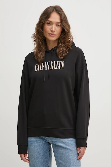 Bavlnená mikina Calvin Klein Jeans dámska, čierna farba, s kapucňou, s potlačou, J20J225579