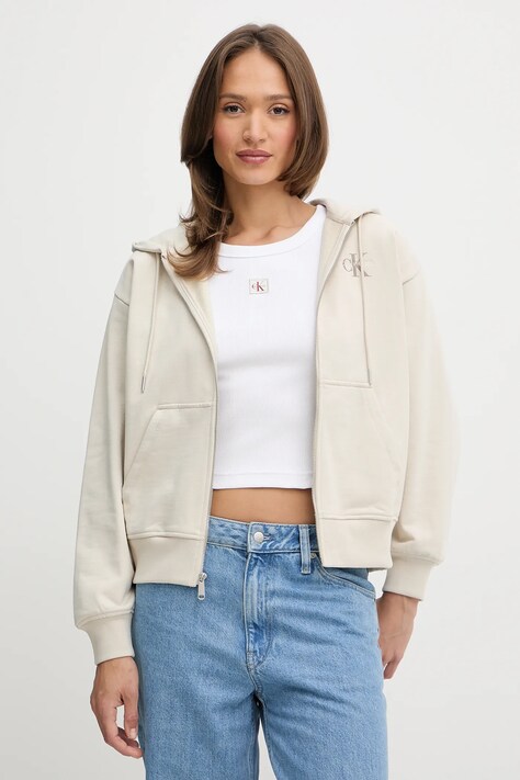Calvin Klein Jeans bluză culoarea bej, cu glugă, cu imprimeu, LV047B270G