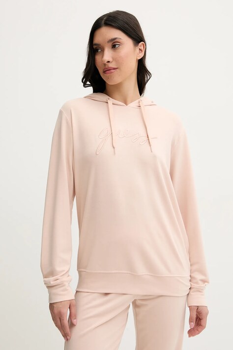 Guess bluză LUCIA femei, culoarea bej, cu glugă, cu imprimeu, O5GQ00 KCQP2