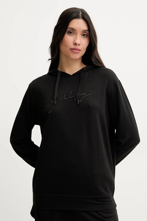 Guess Bluză LUCIA femei, culoarea negru, cu glugă, cu imprimeu, O5GQ00 KCQP2