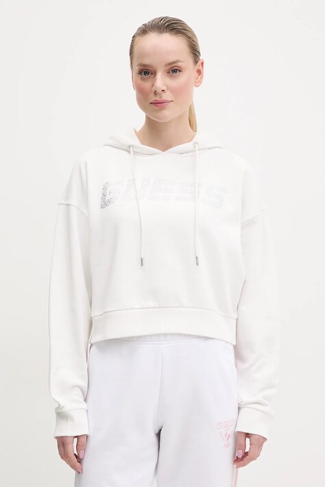 Guess hanorac de bumbac PRIMULA femei, culoarea alb, cu glugă, cu imprimeu, V5GQ09 KCRP0