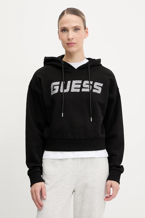 Bavlněná mikina Guess PRIMULA dámská, černá barva, s kapucí, s aplikací, V5GQ09 KCRP0
