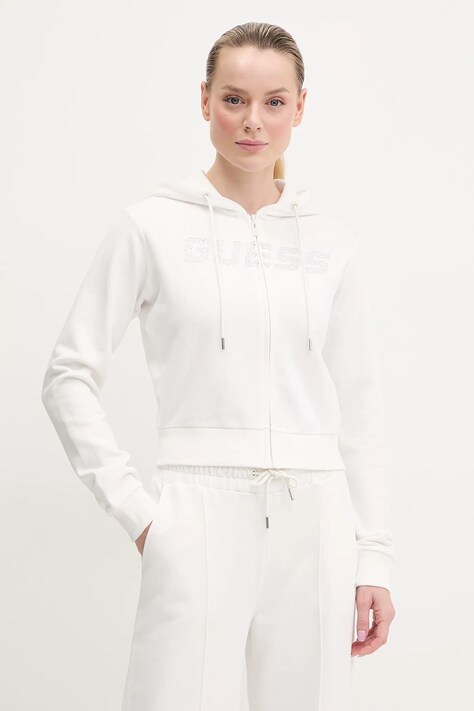 Guess hanorac de bumbac PRIMULA femei, culoarea alb, cu glugă, cu imprimeu, V5GQ10 KCRP0