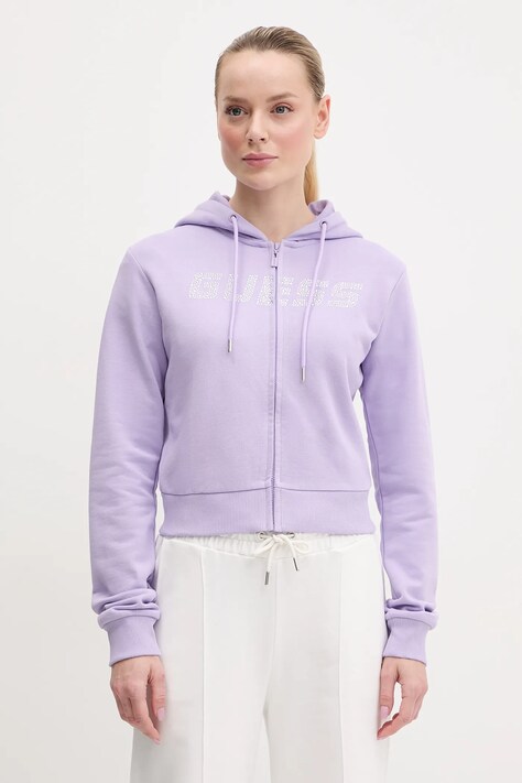 Guess hanorac de bumbac PRIMULA femei, culoarea violet, cu glugă, cu imprimeu, V5GQ10 KCRP0