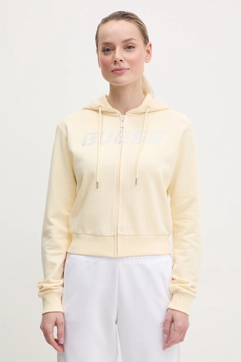 Guess hanorac de bumbac PRIMULA femei, culoarea galben, cu glugă, cu imprimeu, V5GQ10 KCRP0