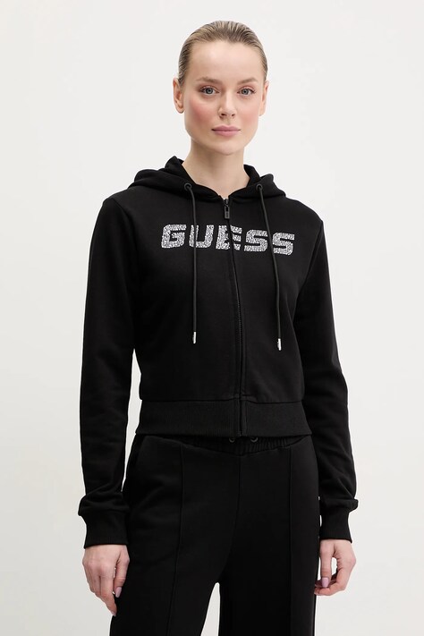 Guess hanorac de bumbac PRIMULA femei, culoarea negru, cu glugă, cu imprimeu, V5GQ10 KCRP0