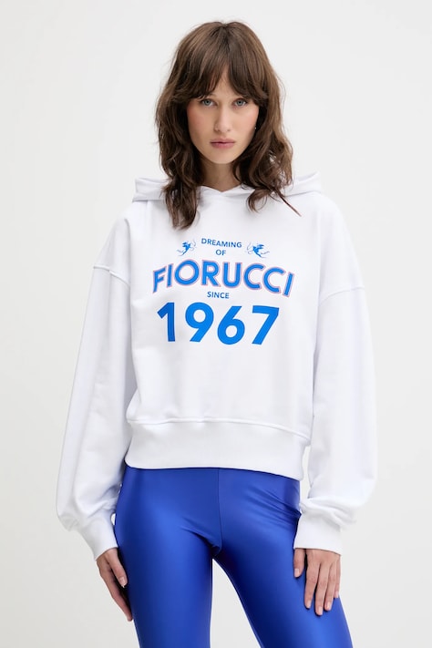 Fiorucci hanorac de bumbac Dreaming 1967 Print Boxy Fit Cropped Hoodie culoarea alb, cu glugă, cu imprimeu, W01SMSHO269CJ05WH01
