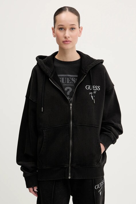 Guess Originals hanorac de bumbac femei, culoarea negru, cu glugă, cu imprimeu, M5GQ34 KCPR1