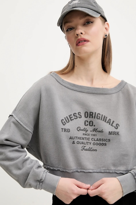 Bavlněná mikina Guess Originals dámská, šedá barva, s potiskem, W5GQ23 K68I4