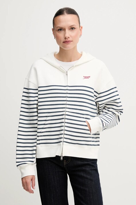 Памучен суичър Tommy Jeans в бяло с качулка с десен DW0DW20303