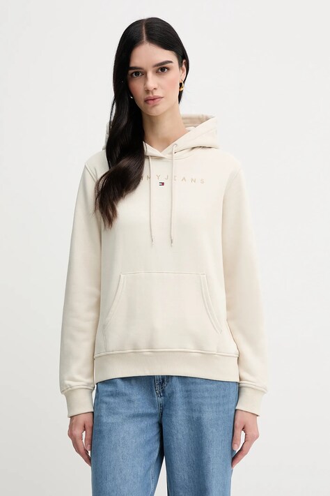 Tommy Jeans bluză culoarea bej, cu glugă, cu imprimeu, DW0DW20304