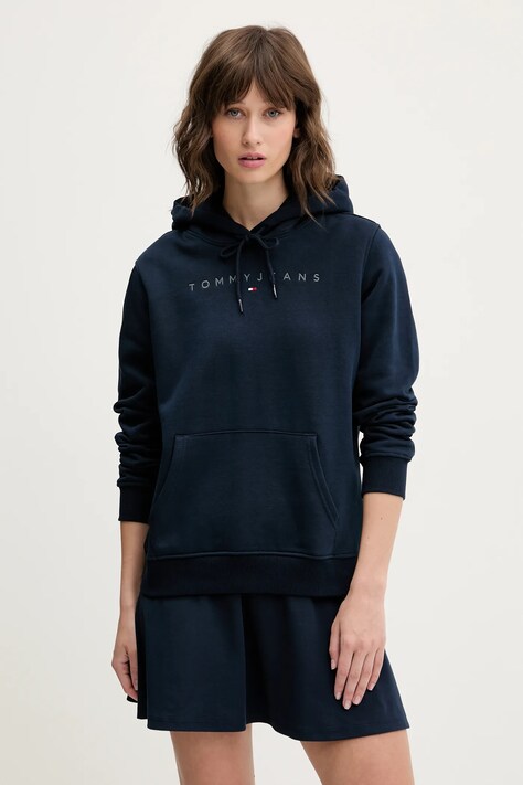 Tommy Jeans bluză culoarea bleumarin, cu glugă, cu imprimeu, DW0DW20304