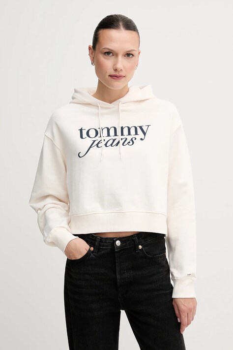 Tommy Jeans hanorac de bumbac culoarea bej, cu glugă, cu imprimeu, DW0DW20306