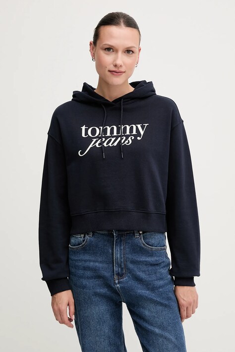 Tommy Jeans hanorac de bumbac culoarea bleumarin, cu glugă, cu imprimeu, DW0DW20306