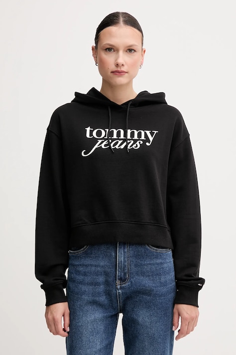 Tommy Jeans bluza bawełniana damska kolor czarny z kapturem z nadrukiem DW0DW20306