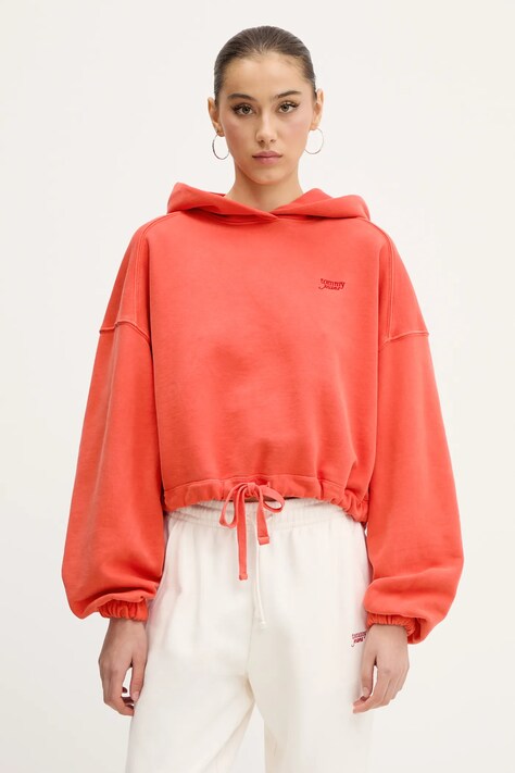 Bavlněná mikina Tommy Jeans dámská, oranžová barva, s kapucí, hladká, DW0DW20314