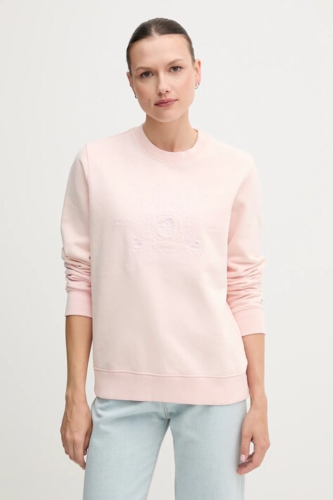 Tommy Jeans hanorac de bumbac culoarea roz, cu imprimeu, DW0DW20637