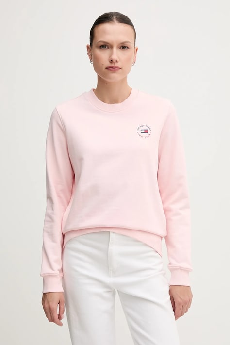 Tommy Jeans hanorac de bumbac culoarea roz, cu imprimeu, DW0DW20639