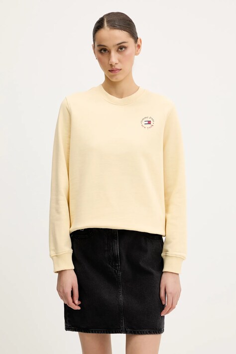 Tommy Jeans hanorac de bumbac culoarea galben, cu imprimeu, DW0DW20639