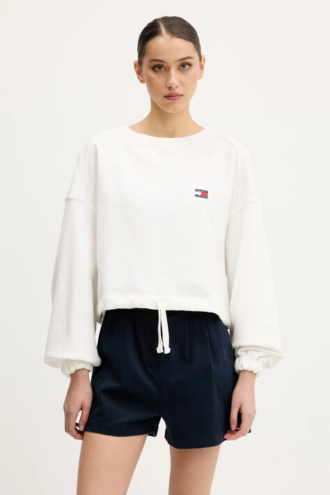 Bavlněná mikina Tommy Jeans dámská, bílá barva, hladká, DW0DW21344