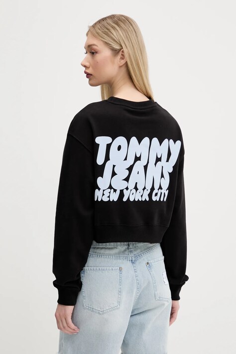 Tommy Jeans hanorac de bumbac culoarea negru, cu imprimeu, DW0DW21345