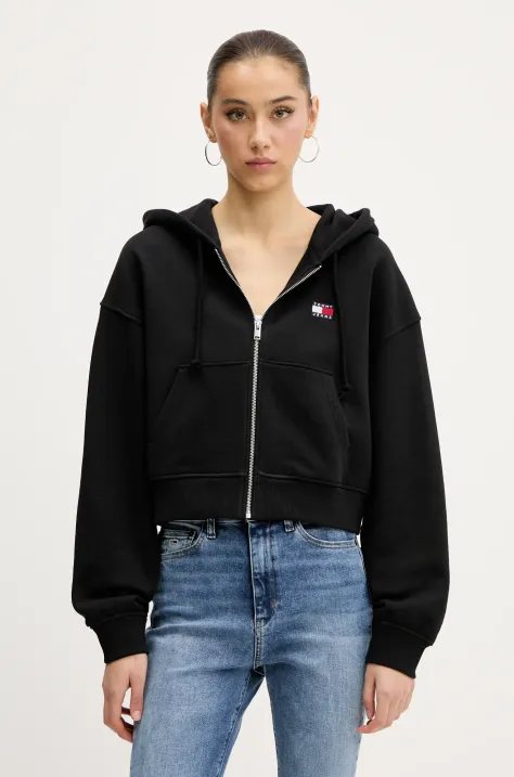 Bavlněná mikina Tommy Jeans dámská, černá barva, s kapucí, s aplikací, DW0DW21355