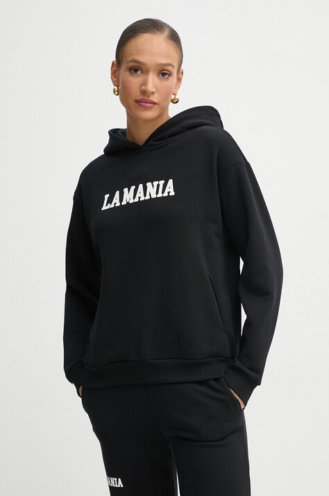 Mikina La Mania dámská, černá barva, s kapucí, s potiskem, YOUNG
