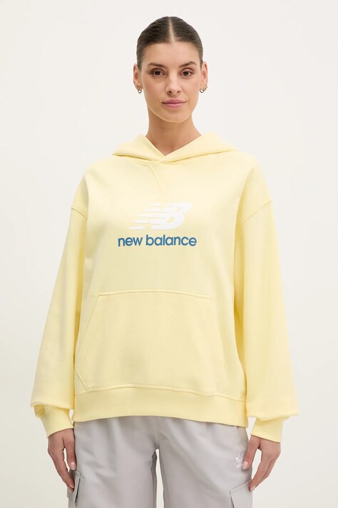 New Balance bluza bawełniana damska kolor żółty z kapturem z nadrukiem WT51501PRC