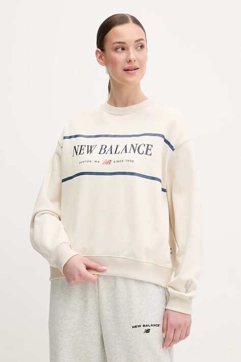 Bavlněná mikina New Balance dámská, béžová barva, s potiskem, WT51923LIN