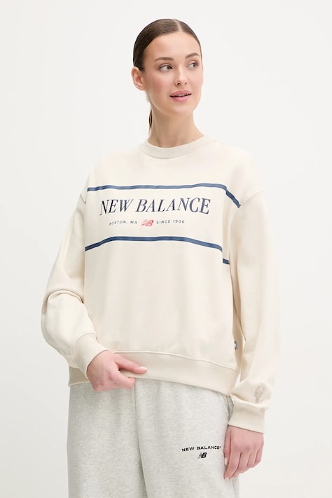 New Balance bluza bawełniana damska kolor beżowy z nadrukiem WT51923LIN