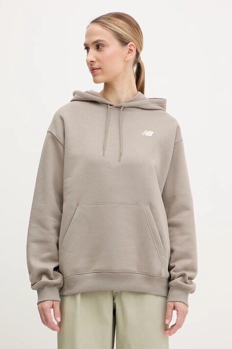 Mikina New Balance dámská, béžová barva, s kapucí, s potiskem, WT51947DOK