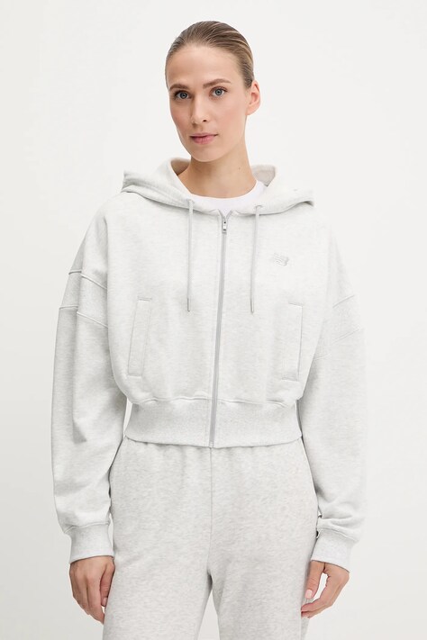 New Balance hanorac de bumbac culoarea gri, cu glugă, uni, WJ51506AHH