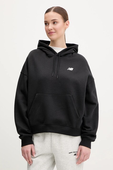 Mikina New Balance dámská, černá barva, s kapucí, s potiskem, WT51518BK
